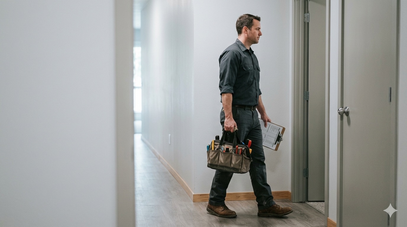 Tyler Home Services technician in an apartment-building hallway after a service visit