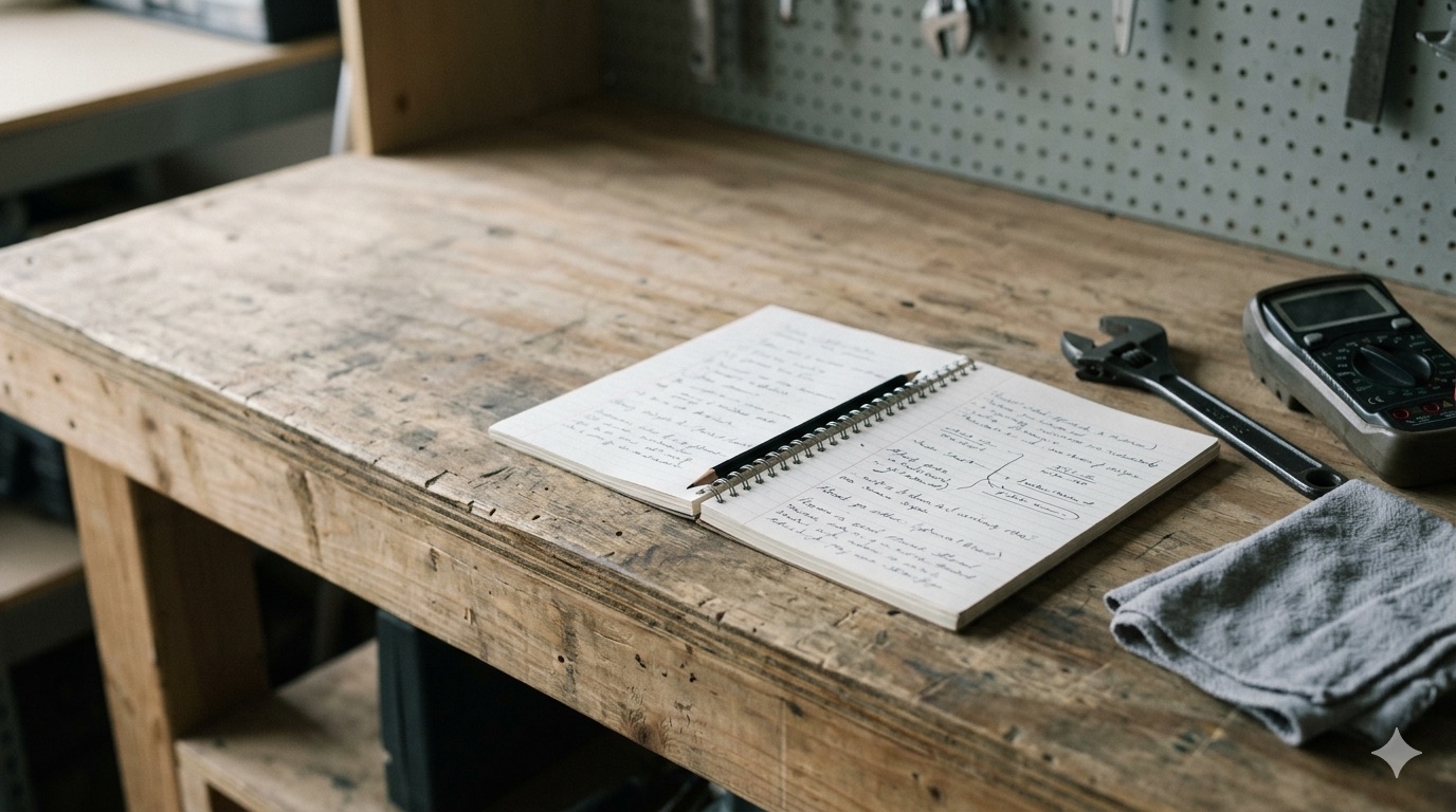 Workbench still life with notebook and tools